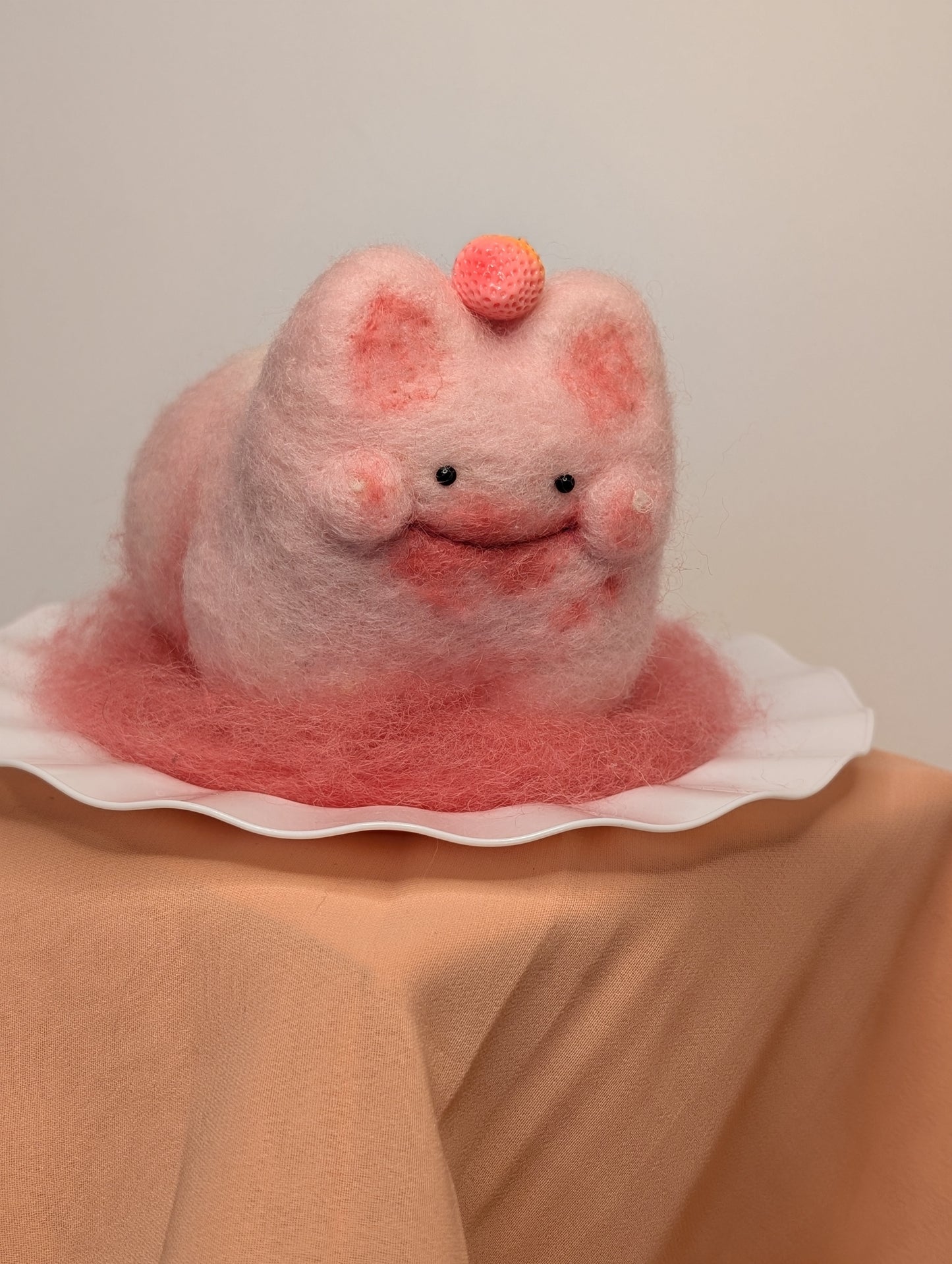 Needle Felted Strawberry Pudding Cat