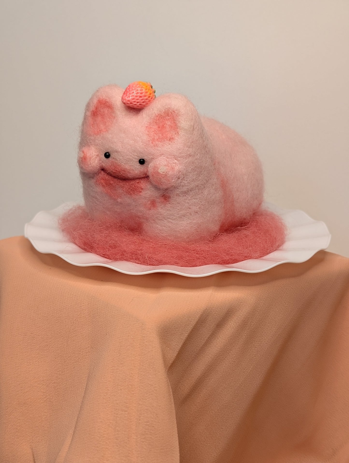 Needle Felted Strawberry Pudding Cat